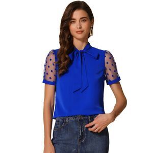 Bow Tie V Neck Stand Collar Short Mesh Sleeve Blouse Royal Blue